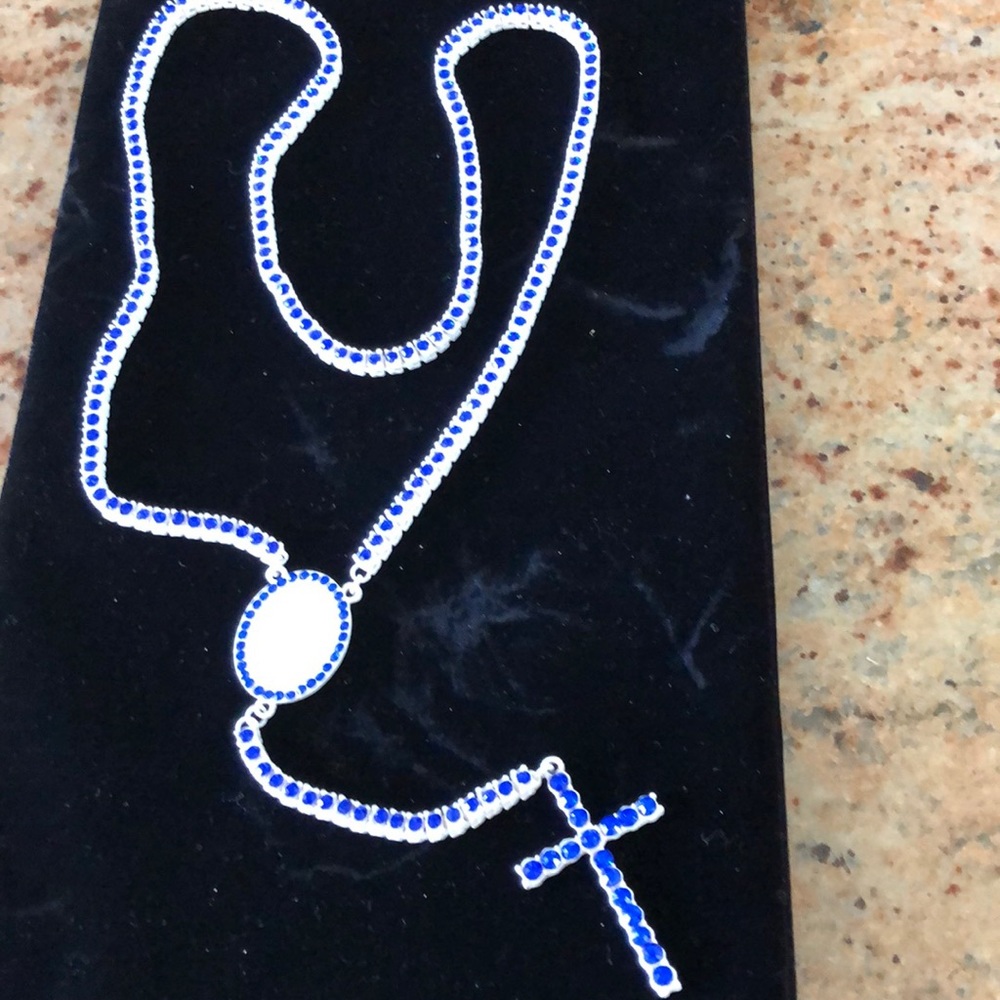 Blue white CZ rosary cross Jesus long necklace - Picture 1 of 6